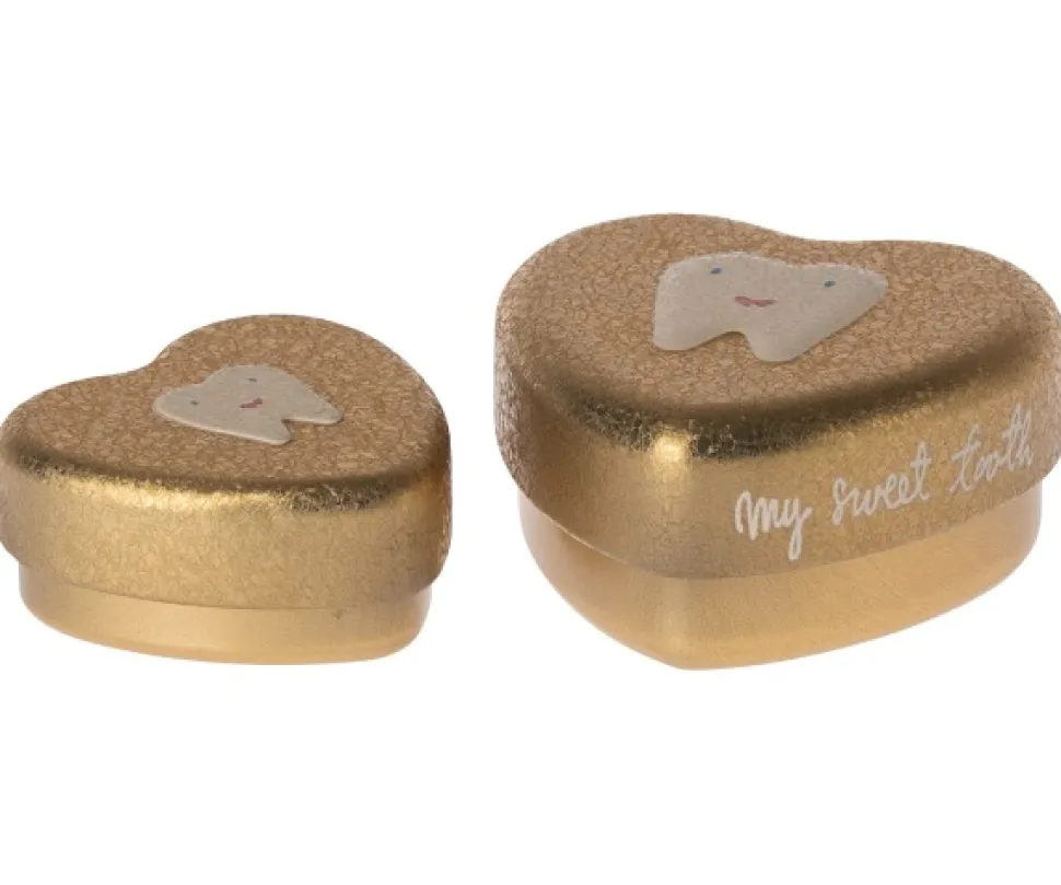 Maileg 2 Metalen Tandendoosjes In Hartvorm, Goud